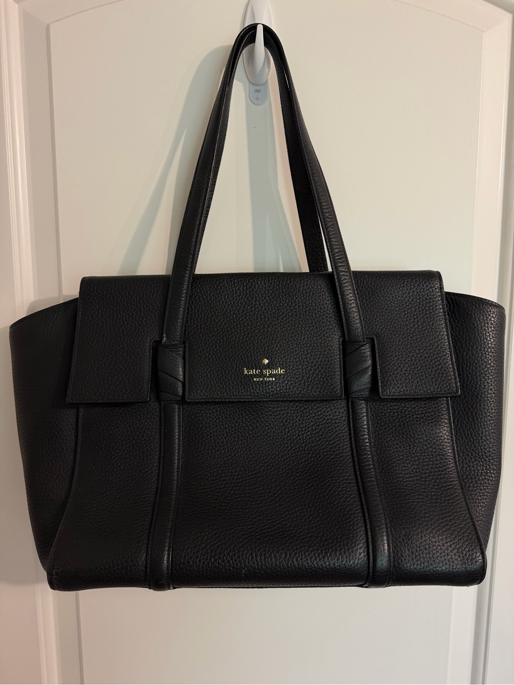 kate spade Black Pebbled Leather Structured Tote with Gold Logo